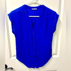 Timing Blue Cap Sleeve Blouse with Mandarin Collar